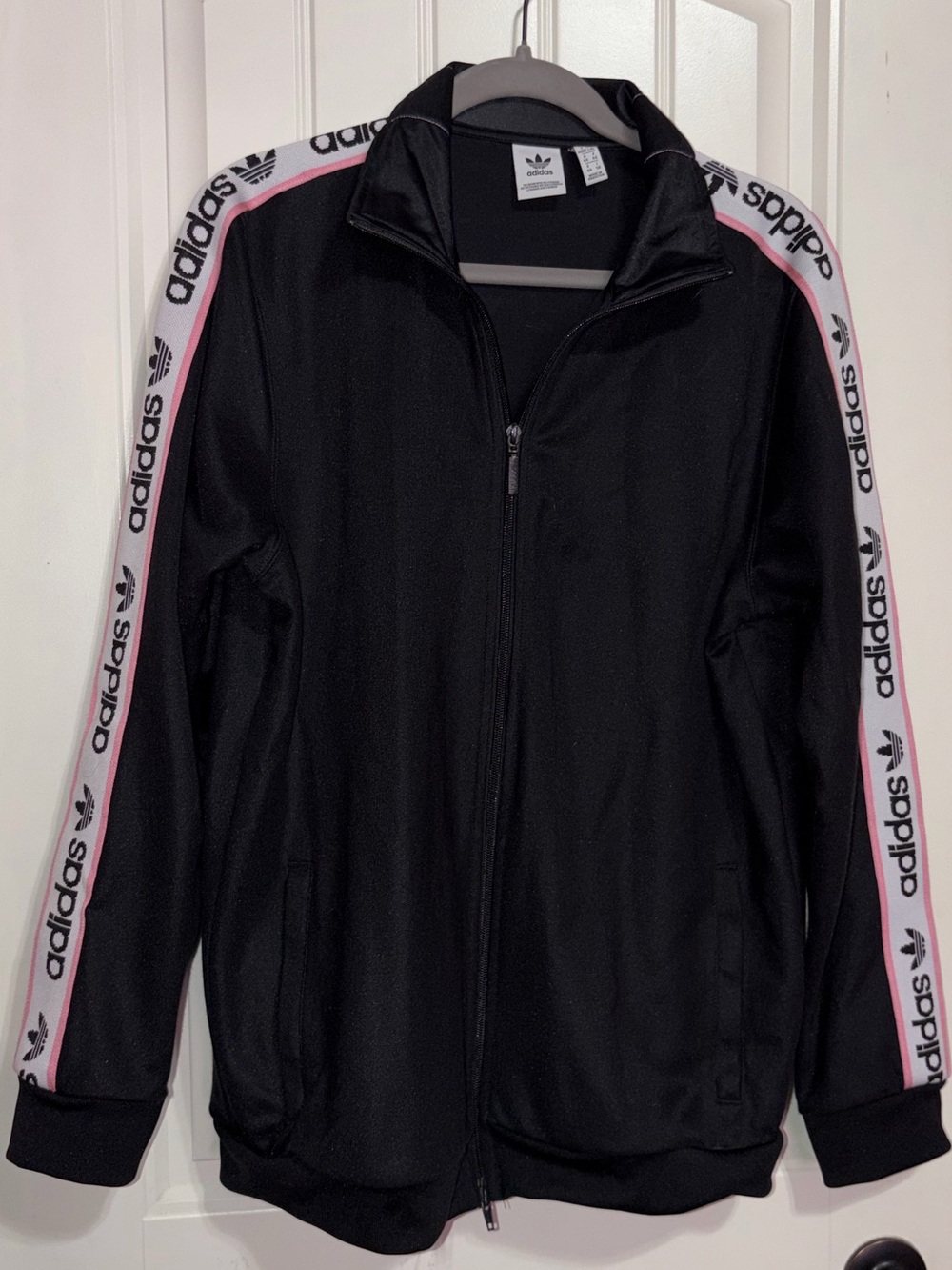 adidas Black Track Jacket with Pink & White Logo Stripes